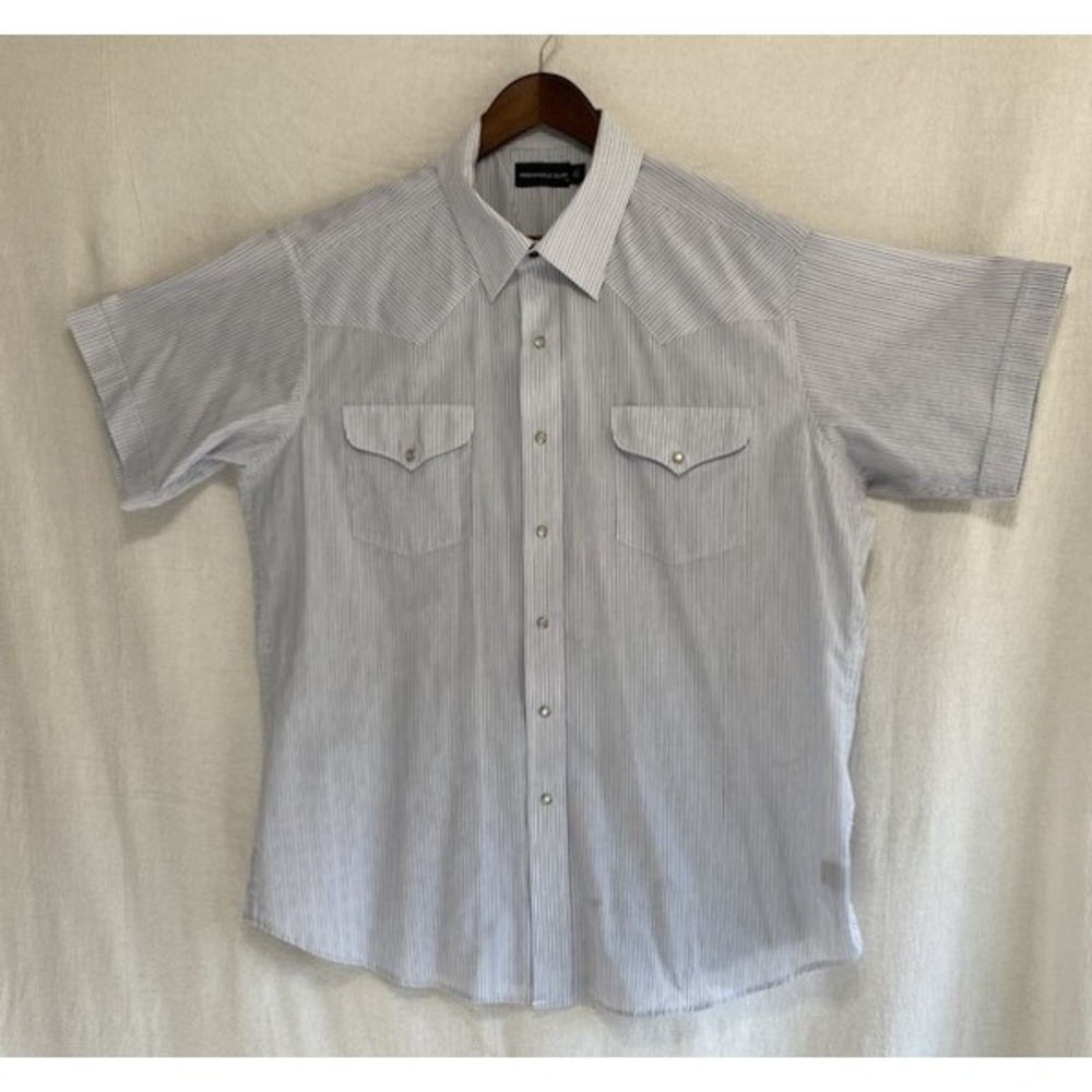 Panhandle Slim Mens XL Blue White Striped Short Sleeve Western Pearl Snap Shirt